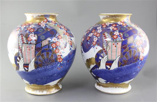 A pair of Japanese Arita ovoid vases, by Fukagawa, 20th century, 30cm